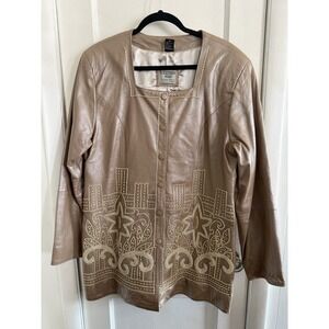 Leather 9000 Beige Genuine Leather Embroidered Skirt Suit Set Jacket & Skirt XL